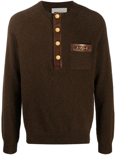 Pre-owned Gucci Leather-trim Knitted Jumper In Brown