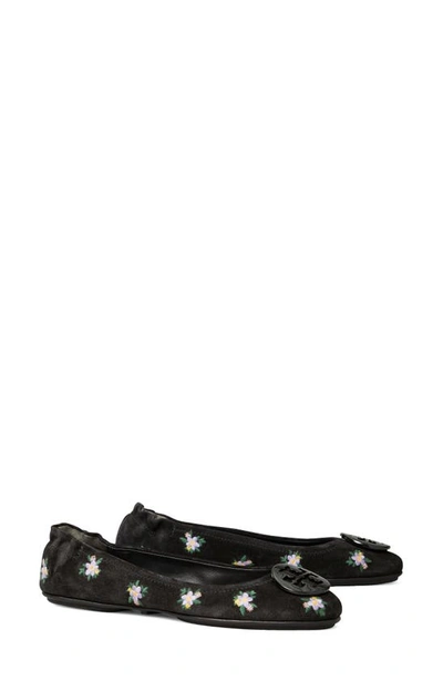 Tory Burch Minnie Travel Ballet Flat, Embroidered Suede In Daybreak Ditsy / Perfect Black