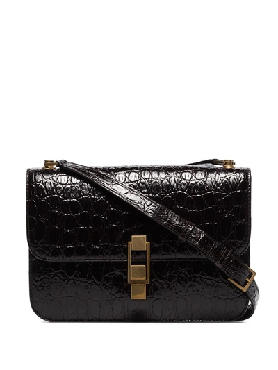 Saint Laurent Black Carre Mock Croc Leather Shoulder Bag In Brown