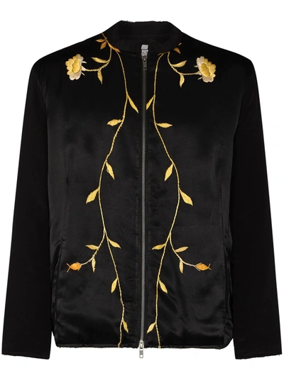 By Walid Floral Embroidered Silk Bomber Jacket In Black