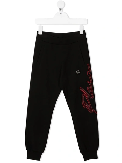 Philipp Plein Kids' Signature Logo Plaque Track Trousers In Black