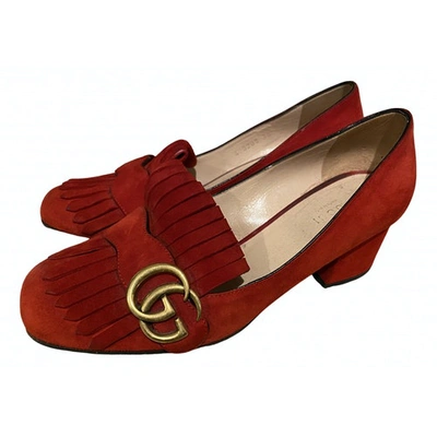 Pre-owned Gucci Marmont Red Suede Flats