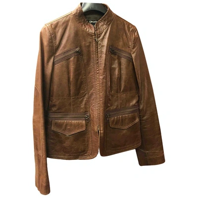 Pre-owned Dkny Leather Jacket In Brown