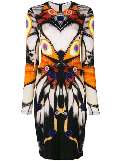 Givenchy Butterfly Print Long Sleeve Dress In Abstract, Orange, White. In Multi
