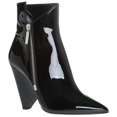 Pre-owned Saint Laurent Niki Patent Leather Ankle Boots In Black