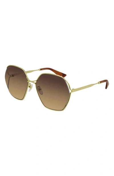 Gucci 63mm Oversize Hexagonal Sunglasses In Gold/ Brown