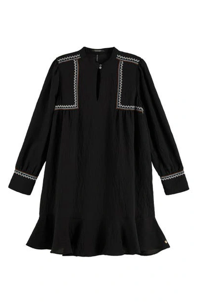 Scotch & Soda Folklore Embroidered Long Sleeve Minidress In Black