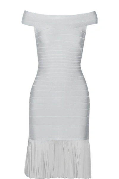 Herve Leger Off-the-shoulder Bandage Dress With Chiffon Skirt, Pearl Blue