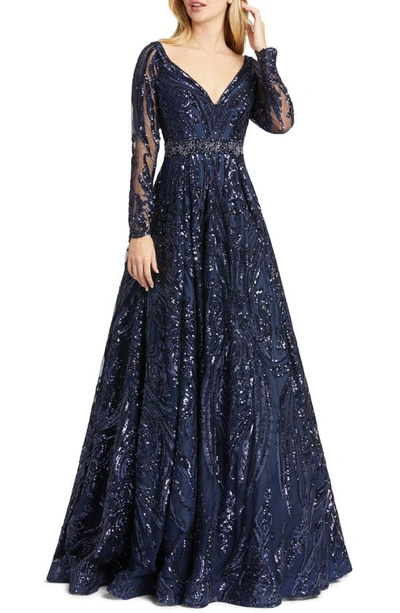 Mac Duggal Damask Sequin Long Sleeve Ballgown In Midnight Blue