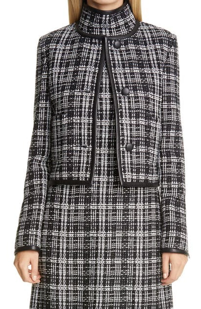 St John Knits Broken Shadow Plaid Knit Jacket In Caviar/ White