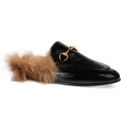 Gucci Princetown Genuine Shearling Loafer Mule In Black Patent