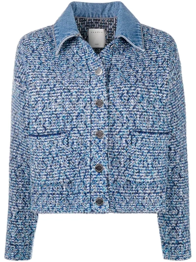 Sandro Jeny Denim Collar Cropped Tweed Jacket In Blue