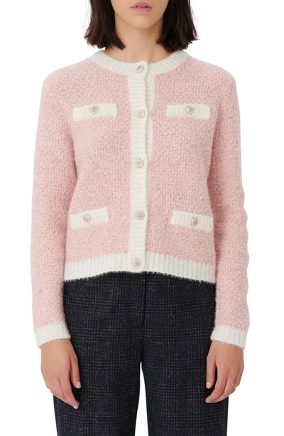 Maje Mission Contrast-trim Knitted Cardigan In Pale Pink