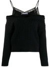 Alexander Wang T Cold-shoulder Satin And Lace-trimmed Cable-knit Cotton-blend Sweater In Black