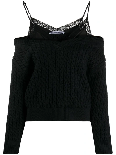 Alexander Wang T Cold-shoulder Satin And Lace-trimmed Cable-knit Cotton-blend Sweater In Black