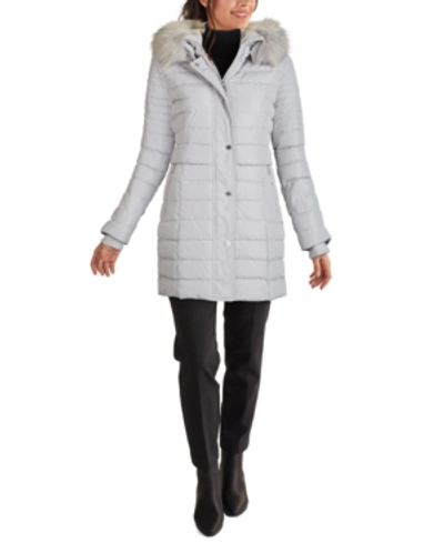 Kenneth Cole Faux-fur-trim Hooded Puffer Coat In Silver