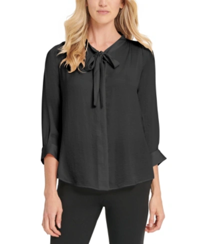 Dkny Button-up Tie-neck Blouse In Black