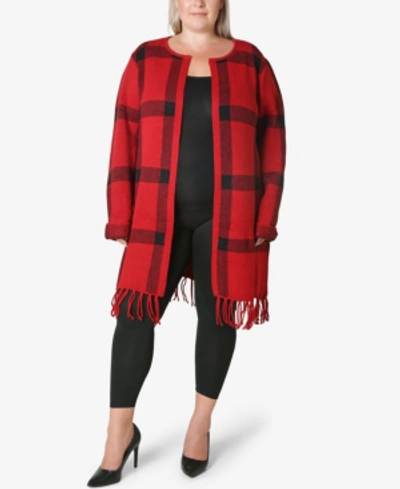 Adrienne Vittadini Jacquard Windowpane Plaid With Fringe Open Cardigan In Jester Red, Jet Black