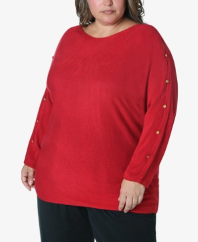 Adrienne Vittadini Women's Plus Size Button Trim Sweater In Jester Red