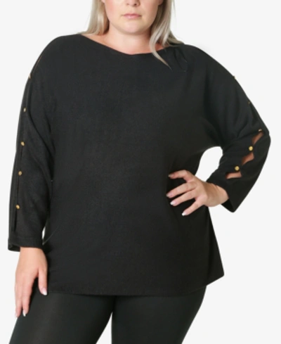 Adrienne Vittadini Women's Plus Size Button Trim Sweater In Jet Black