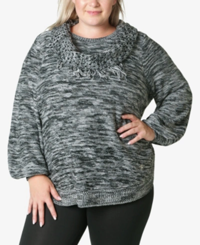 Adrienne Vittadini Women's Plus Size Sweater With Fringe Scarf In Charcoal Heather