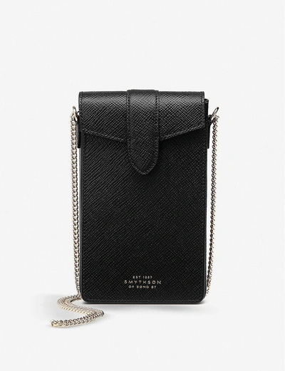 Smythson Panama Leather Phone Case And Chain In Black