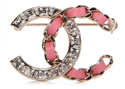 Pre-owned Chanel Crystal Chain Cc Brooch Lambskin Pink/gold