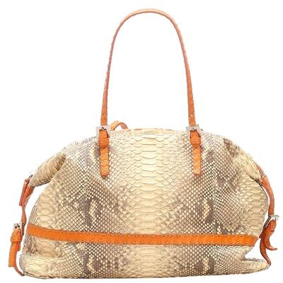 Pre-owned Fendi Brown/orange Python Leather Selleria Shoulder Bag In Beige