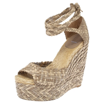 Pre-owned Hermes Beige Leather, Suede And Canvas Epice Tresse Espadrille Wedge Sandals Size 40