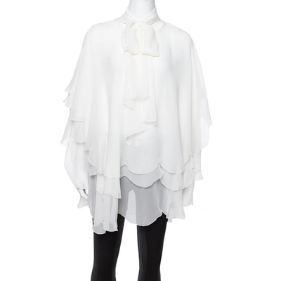 Pre-owned Oscar De La Renta Off White Silk Layered Tie Detail Blouse L