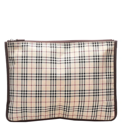 Pre-owned Burberry Brown House Check Canvas Clutch In Beige