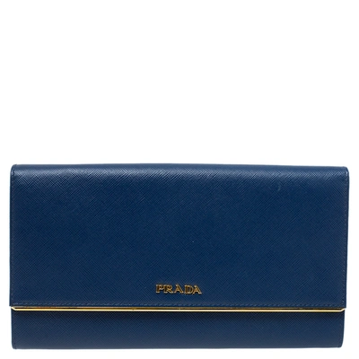 Pre-owned Prada Blue Saffiano Lux Leather Metal Bar Flap Continental Wallet