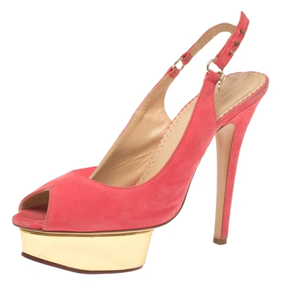 Pre-owned Charlotte Olympia Pink Suede Slingback Peep Toe Platform Sandals Size 37.5