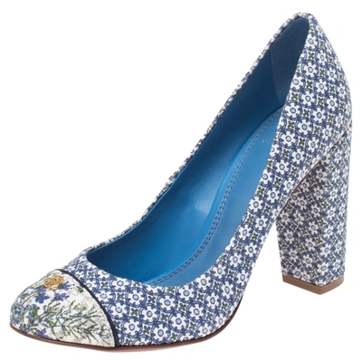 Pre-owned Tory Burch Blue Printed Canvas Ethel Pumps Size 35.5