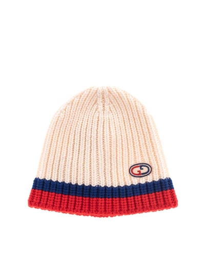 Gucci Wool Beanie In Ivory Red And Blue In Multi