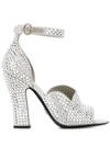 Prada Crystal Embellished Satin Sandals In Silver