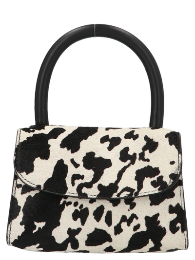 By Far Mini Amber Cow-print Faux Calf Hair & Leather Top Handle Bag In Bianco Nero