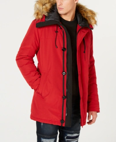 Guess Faux Fur Trim Hooded Parka Jacket In Red