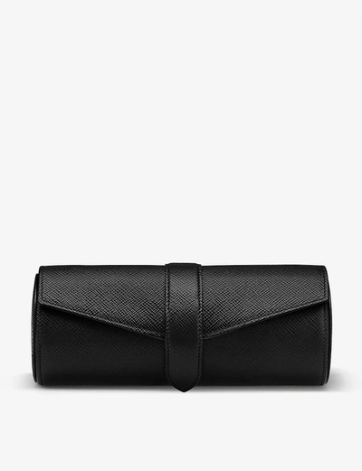 Smythson Panama Calf Leather Watch And Jewellery Roll In Black