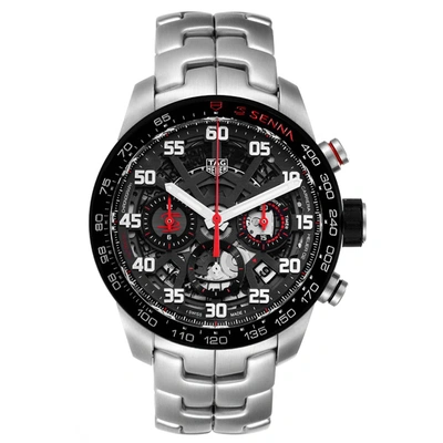 Pre-owned Tag Heuer Black Stainless Steel Carrera Senna Special Edition Chronograph Cbg2013 Men's Wristwatch 43 Mm