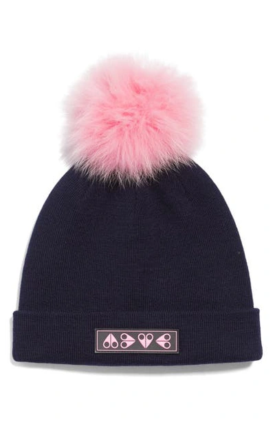 Moose Knuckles Kids' Logo Patch Toque Hat With Removable Genuine Fox Fur Pom In Navy