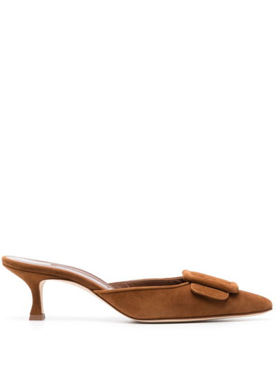 Manolo Blahnik Maysale 50 Buckled Suede Mules In Brown