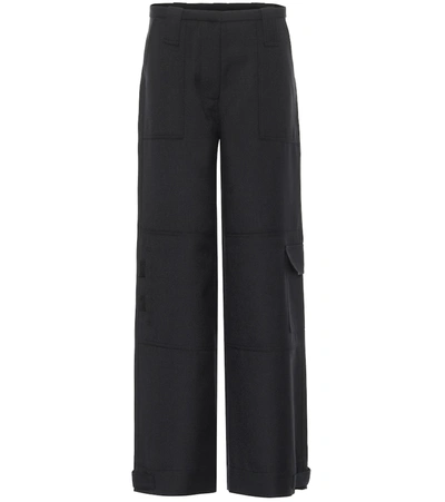 Ganni Belted Pleated Striped Crepe Straight-leg Pants In Black
