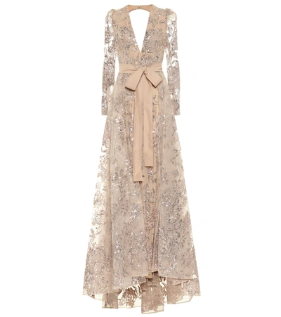 Elie Saab Embroidered Long-sleeved Gown In Beige