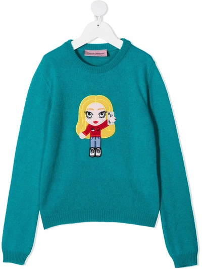 Chiara Ferragni Kids' Blue Cashmere-wool Blend Knitted Embroidered Motif Jumper From