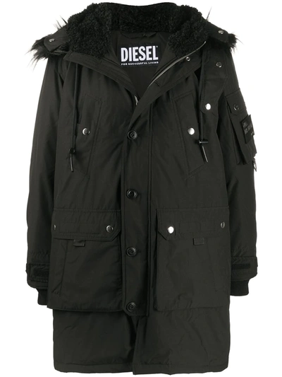 Diesel Hooded Zip-up Coat In Black