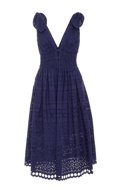 Self-portrait Deep V-neck Broderie-anglaise Dress In Navy