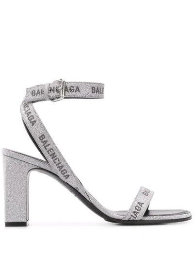 Balenciaga Women's Metallic Logo-print Block-heel Sandals In Silver