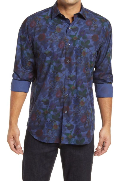 Bugatchi Floral Button-up Cotton Shirt In Night Blue