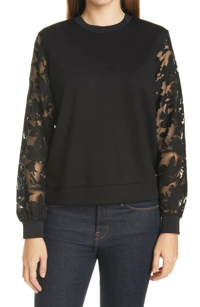 Ted Baker Letts Floral Mesh Sleeve Pullover In Black